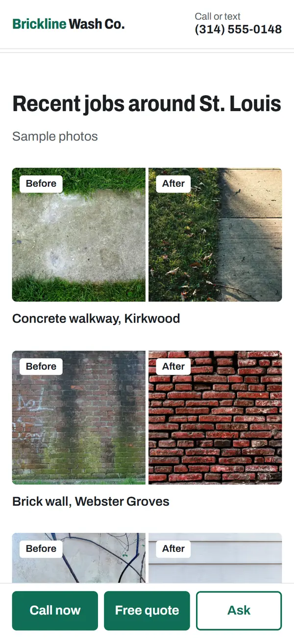Concept demo on a phone: the before-and-after gallery of recent jobs.
